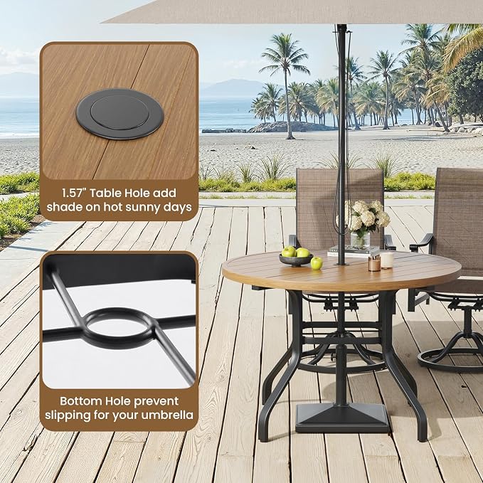 Round Outdoor Dining Table 41" with 1.57" Umbrella Hole | with Umbrella Hole, Wood-like Table Top, Water-resistant, Easy to Clean, Patio table for Backyard, Poolside