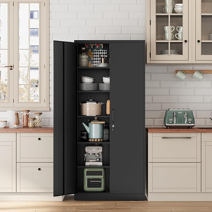 Fesbos Metal Storage Cabinet-71” Tall Steel File Cabinets with Lockable Doors and Adjustable Shelves-Black Steel Storage Cabinet for Home, School, Office, Garage