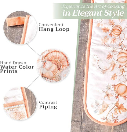 Maison d' Hermine Double Oven Mitt (7" x 35") 100% Cotton Heat Resistant BBQ Cooking Gloves with Loop for Thanksgiving Christmas Decorations Baking Cooking Barbeque Handling Hot Pan (Giving Thanks)