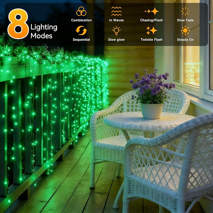 Solar String Lights Outdoor Waterproof 2 Pack Total 66ft 200LED Green | 8 Modes Twinkle Lights Solar Fairy Lights for Patio, Garden Yard Party Wedding Tree Christmas Halloween Decoration