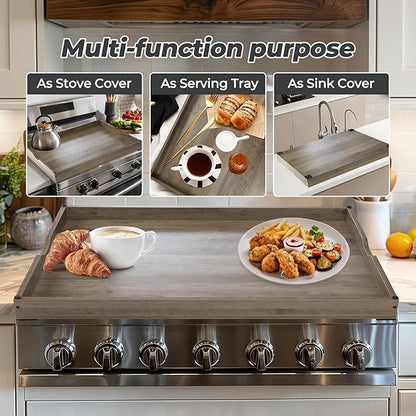 WOLKI Noodle Board Stove Covers for Gas Burners, 30"L x 22"W x 2.5"Th Heavyweight Stove Top Covers for Electric Stove, Buil-in Handles, RV Stove Cover, Sink Cover, Wooden Serving Tray (Grey)