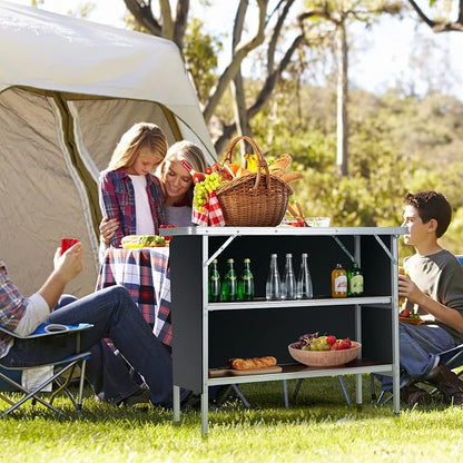 Giantex Portable Bar Table for Events, Folding Mobile Bartending Station with Storage Shelves, Removable Privacy Skirt, Carrying Case, for Parties, Catering, Trade Shows (Coffee, 43.5''L x 34.5''H)