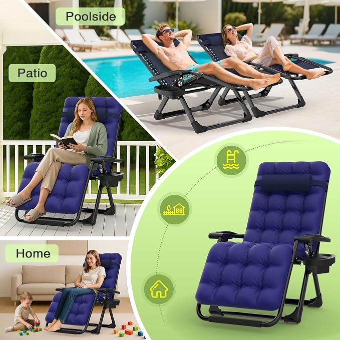Suteck Zero Gravity Chair, Reclining Camping Lounge Chair w/Removable Cushion, Upgraded Lock and Cup Holder, Reclining Patio Chairs Folding Recliner for Indoor and Outdoor