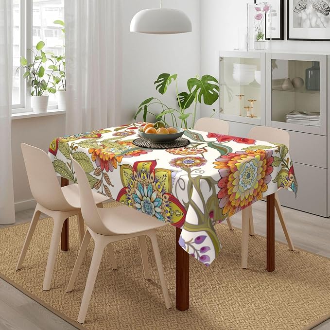 Rectangle 54"x72" Boho Floral Tablecloth Flower Colorful Decorative | Washable Table Cloth for Kitchen Dining Parties Picnic Birthday Spring Summer Farmhouse Home Decor