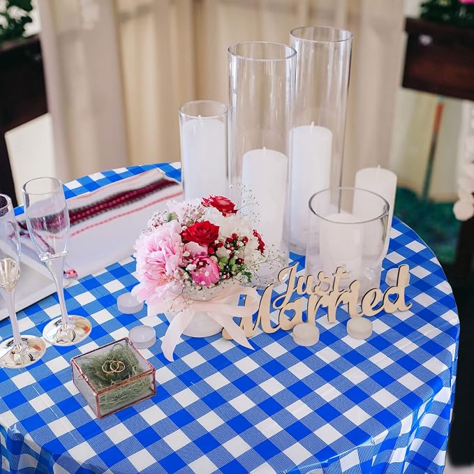 Disposable Checkered Tablecloth Round Plastic Buffalo Plaid Table Cloth 84'' Gingham Tablecover for Picnic Camping BBQ Graduation Party (Blue and White, 3 Pieces)