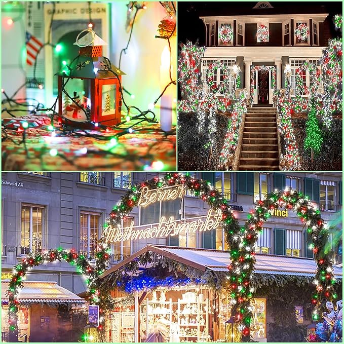Solar Christmas String Lights, Red White Green 200Led, Outdoor | 2 Pack Total 400Led 144Ft 8 Mode, IP44 Waterproof Outside Fairy Lights for Tree, Garden, Patio, Lawn, Party, Yard Decorations