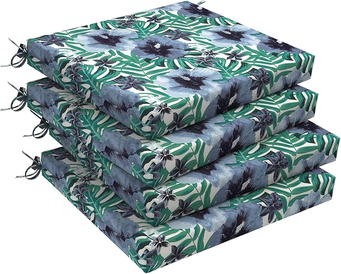 DYTXIII Set of 4 Outdoor Chair Cushions, Water Resistant 18.5"x16"x2" Square Seat Cushion for Patio Dining Chairs, High-Density Replacement Pads for Indoor Outdoor Furniture - Blue Salmone Tropical