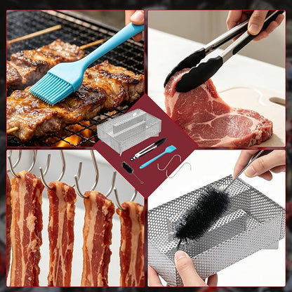 MYFULLY 5" x 8" Pellet Smoker Tray, 12 Hours Billowing Maze Smoker Box, Stainless Steel Cold Smoke Generator for Hot & Cold Smoking Meat Fish Cheese Pork, Fit Any Grill or Smoker, with Cleaning Tools