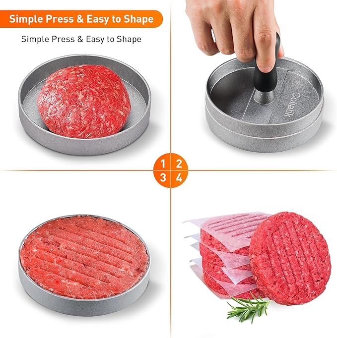 Burger Press Patty Maker Non-Stick Aluminum Hamburger Mold with 100 Free Patty Papers, for Beef Veggie Burger BBQ Barbecue Grill Dishwasher Safe, BPA Free