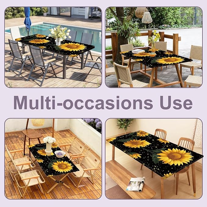 Picnic Table Cover with Bench Covers Sunflower, Waterproof Windproof Elastic Fitted Tablecloth for 6FT Rectangle Tables, Outdoor Camping Patio Garden BBQ Table Cover Set