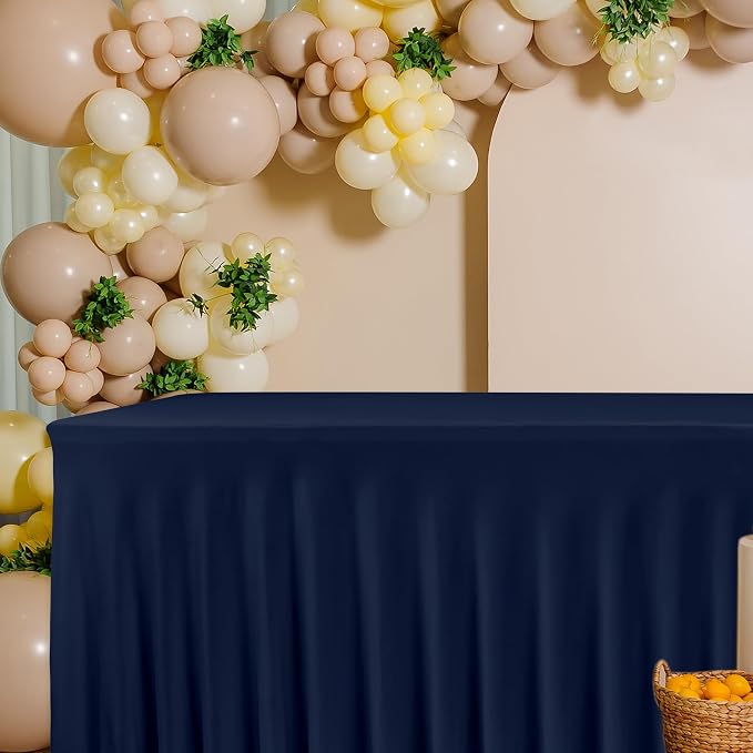 2 Pack Navy Spandex Table Covers 8ft Rectangle Ruffle Skirts for Party | Elastic Table Covers 8 Foot, Pleated Fitted Table Cloths, Wrinkle Resistant Elegant Table Skirts Wedding, Banquets