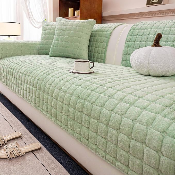 Velvet Couch Cover, Plush Sectional Sofa Cover Washable, Anti Slip Sofa Slipcover for 3-4 Cushions Sofas, Furniture Protector Covers for Pets & Kids(1PC,Sage Green,36"×83")