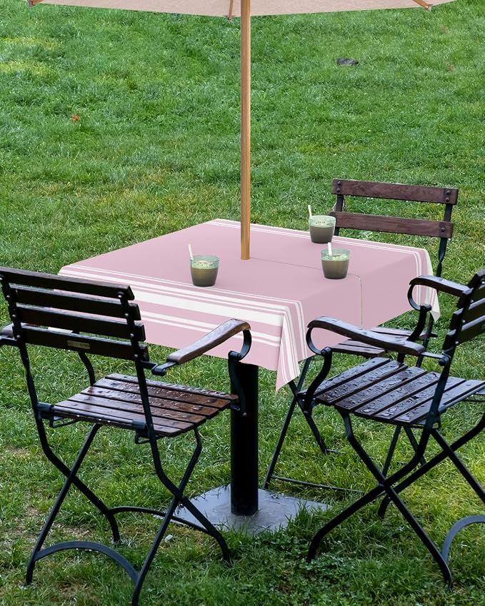 QueenKer Outdoor Tablecloth with Umbrella Hole, Farmhouse Pink White Stripe Square Tables Waterproof Tabletop Collection for Patio, Garden, Picnic, Camping, Dining 60 x 60 inch