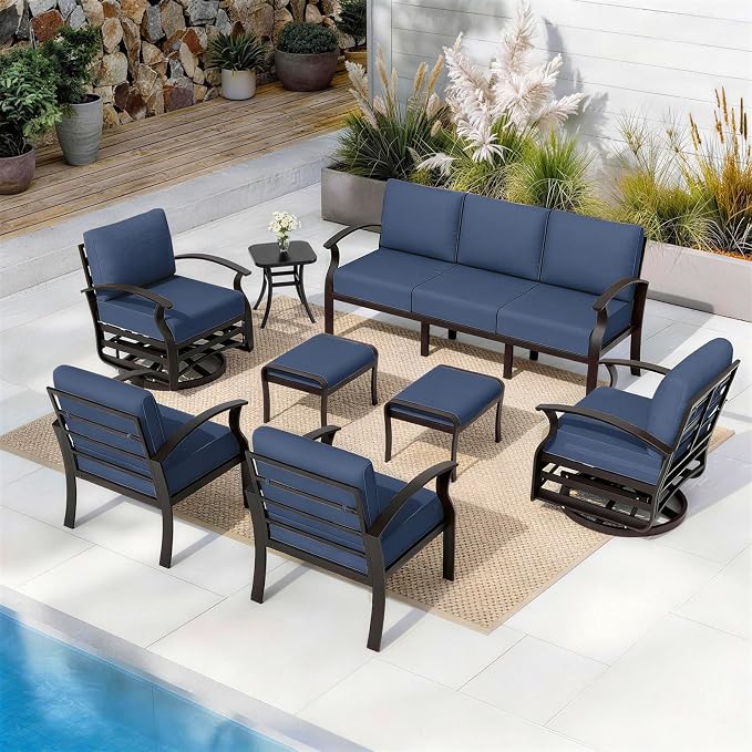 ALAULM Aluminum Patio Furniture Set with 2 Swivel Chairs 9-seat Metal Outdoor Furniture Patio Sectional Sofas Patio Conversation Set w/2 Ottomans for Patio, Backyard, Poolside-Dark Blue