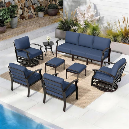 ALAULM Aluminum Patio Furniture Set with 2 Swivel Chairs 9-seat Metal Outdoor Furniture Patio Sectional Sofas Patio Conversation Set w/2 Ottomans for Patio, Backyard, Poolside-Dark Blue