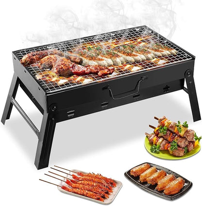 Portable Charcoal Grill, 17.7x11x10in Folding BBQ Grill Lightweight Compact Tabletop Mini Smoker Desktop Charcoal Grill for Camping, Picnics, Garden & Beach Parties, Black