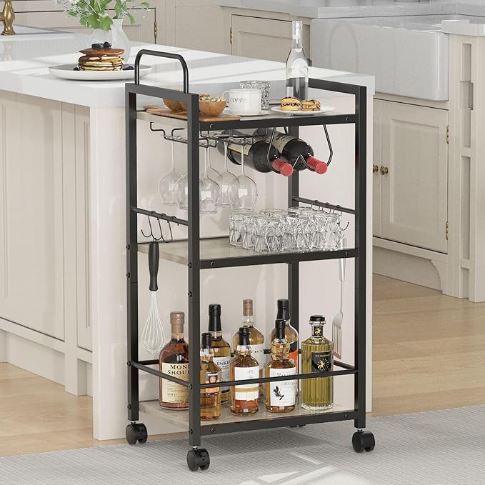 Bar Cart for The Home, 3 Tier Kitchen Carts with Wheels, Small Rolling Cart with Glass Holders, Wine Rack, Mini Bar Cart for Kitchen, Dining Room, Living Room, 13.0" D x 17.0" W x 33.8" H, Greige