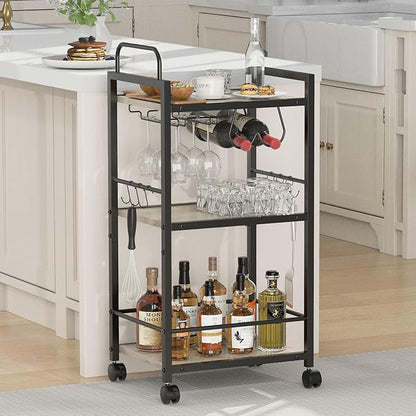 Bar Cart for The Home, 3 Tier Kitchen Carts with Wheels, Small Rolling Cart with Glass Holders, Wine Rack, Mini Bar Cart for Kitchen, Dining Room, Living Room, 13.0" D x 17.0" W x 33.8" H, Greige