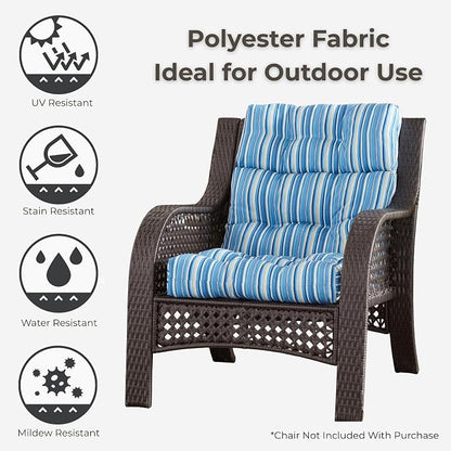 Outdoor Tufted High-Back Chair Cushions, One-Piece Hinged Seat and Back Design, Reversible with 4 Ties, Durable Polyester Fabric, Recycled Fiber Fill - Set of 2, Sapphire Stripe