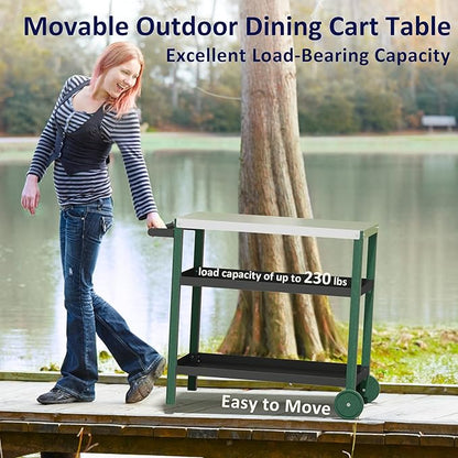 TORVA Outdoor Prep Grill Cart with Passivation Tabletop, High Hardness Scratch Wear Resistant Rolling Grill Cart, Easy to Clean&Durable HDPE Material, 3-Tier Large Storage BBQ, Black Green