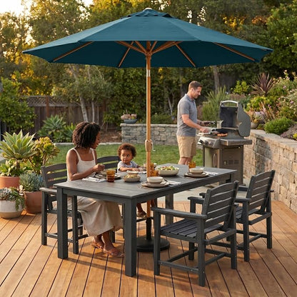 9ft Outdoor Patio Umbrella, Market Table Umbrella with Crank and Easy Push Button Tilt, Wood Grain Frame, UPF 50+ for Pool, Garden, Deck, Backyard