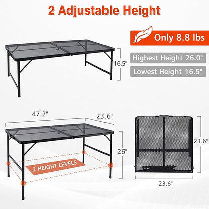 JOUYEK Folding Grill Table, 4x2 FT Portable Camping Height Adjustable Table | Lightweight Height Adjustable Metal Tables with Mesh Desktop and Mesh Bag, Outdoor Tables for Camping, Picnic, Beach and BBQ
