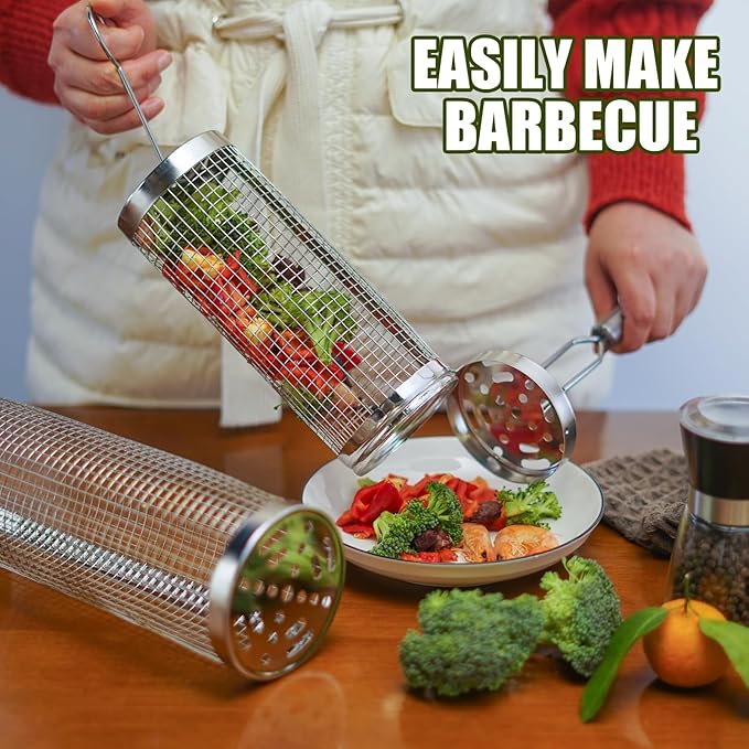 Rolling Grill Baskets (2PCS), 304 Stainless Steel with Removable Stainless Steel Handle, Rolling Grilling Net, BBQ Accessories Tools for Vegetables Shrimp, Outdoor Cooking Camping, Gifts for Men Dad Husband