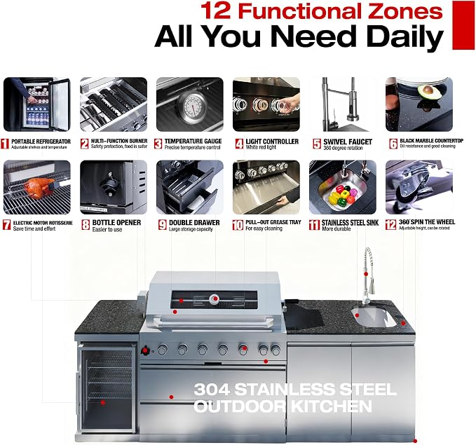 104" Modular Outdoor Kitchen Island With Grill And Side Burner, 4-burner 72,000 Btu Propane Bbq Island, Refrigerator, Separate Sink & Prep Station, For LP-Silver 85000BTU/101 Inch