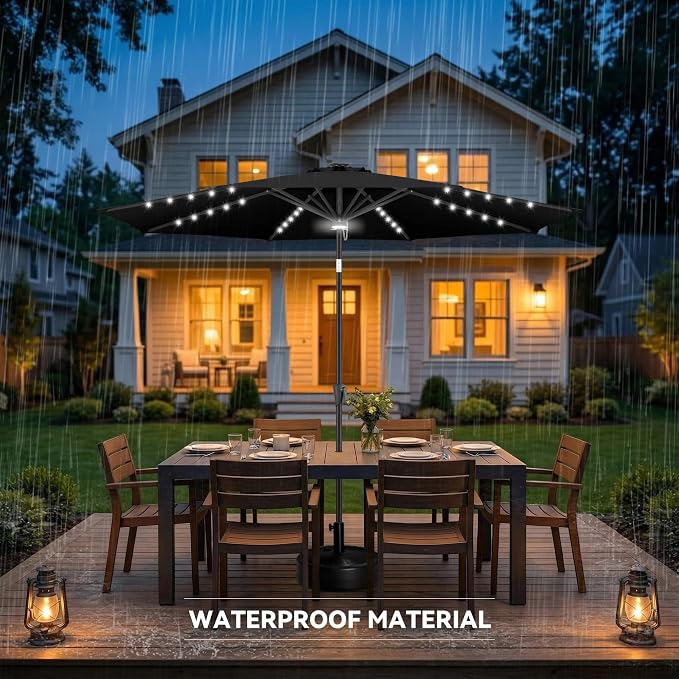 Solar Patio Umbrella with Centre Light, 10 ft Black | 40 LED Lights, UV Protection, Solar Outdoor Umbrella for Porch, Deck, Pool, Table, Garden, Provides Evening Lighting