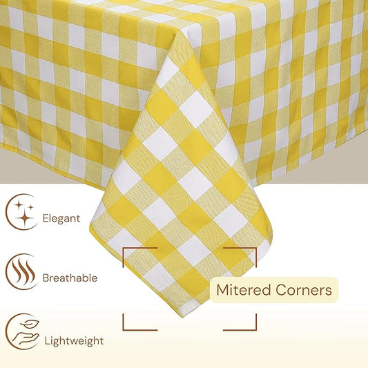 Lemon Yellow and White Buffalo Check Tablecloth, 60x102 Inches, Plaid Dining Table Cover, 100% Cotton, Washable, Reusable Table Linen for Holiday Gatherings, Wedding, Everyday Décor