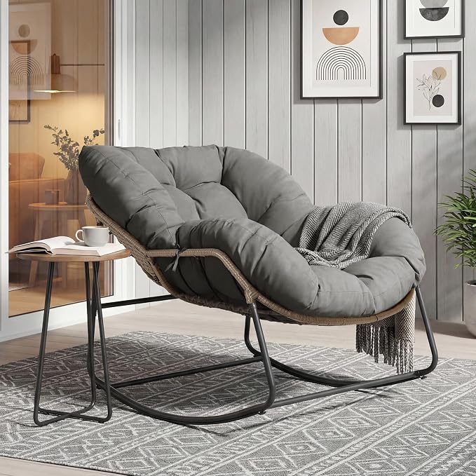 Bifanuo Oversized Egg Rocking Chair for Indoor/Outdoor – All-Weather Wicker Rattan Lounge Chair with Cushion, Patio Rocker for Porch, Garden, or Balcony (Classic Grey)