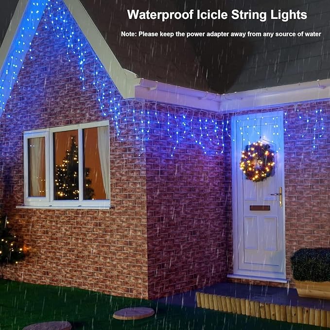 Joomer 19FT Christmas Icicle Lights Outdoor Connectable Blue | 30 Drops 8 Modes Timer Waterproof Plug-in String Light for Christmas Party, holiday Eaves Roof yard Xmas Decorations