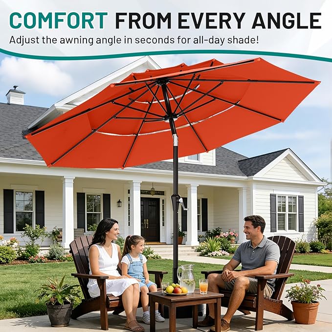 AreShark 9ft 3-Tier Patio Umbrellas, Outdoor Umbrella with 8 Sturdy Ribs UV Protection Windproof, Market Table Umbrella w/Push Button Tilt & Crank for Pool, Porch, Deck, Garden(Orange)