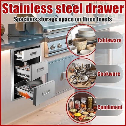 Outdoor Kitchen Triple Layer Drawer 14'' W x 20.3'' H x 23'' D Flush Mount BBQ Access Drawers Stainless Steel BBQ Island Drawers with Handle Suitable for Outdoor Kitchen Island Grill Station