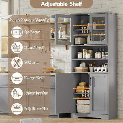 IDEALHOUSE 67" H Tall Storage Cabinet, Freestanding Bathroom Cabinet with 4 Doors and Adjustable Shelves,Modren Cupboard for Kitchen, Pantry, Living Room (Grey)