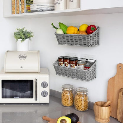GRANNY SAYS Wicker Hanging Basket, 2 Pack Storage Baskets for Cabinet, Wall Mount Fruit Basket for Kitchen, Adhesive Bathroom Cabinet Organizer, Pantry Organizers and Storage, Gray