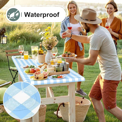 Buffalo Rectangle Picnic Tablecloth, 8 Foot Elastic Fitted Vinyl Table Cloth with Flannel Backing, Waterproof Plaid Table Covers for Dining, Camping, Outdoor (Baby Blue and White, 30" x 96")