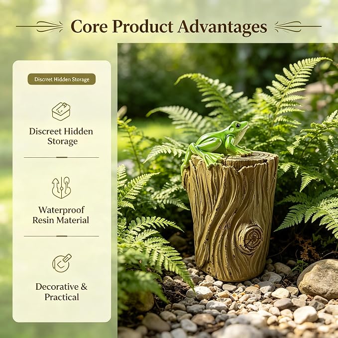Outdoor Waterproof Frog Tree Stump Resin Garden Spare Key Hider Storage Box | Natural Wood Grain Finish, Seamlessly Blends with Shrubs & Plants, Great for Rental Properties and Vacation Homes