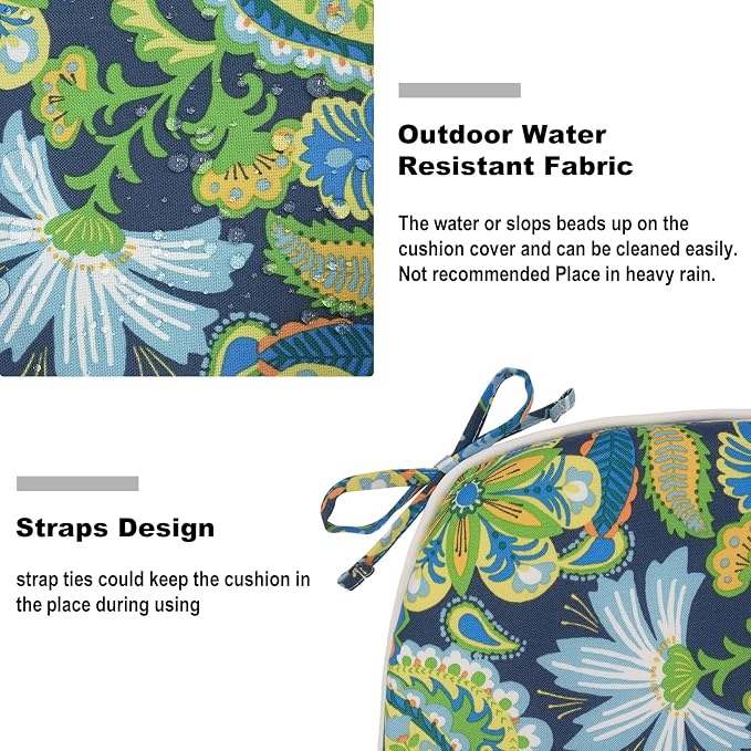 DYTXIII Set of 2 Outdoor Chair Cushions with Ties, Water Repellent Patio Chair Pads 17"x 16" for Outdoor Furniture, Round Corner Seat Cushions for Garden Yard Kitchen Flower Child