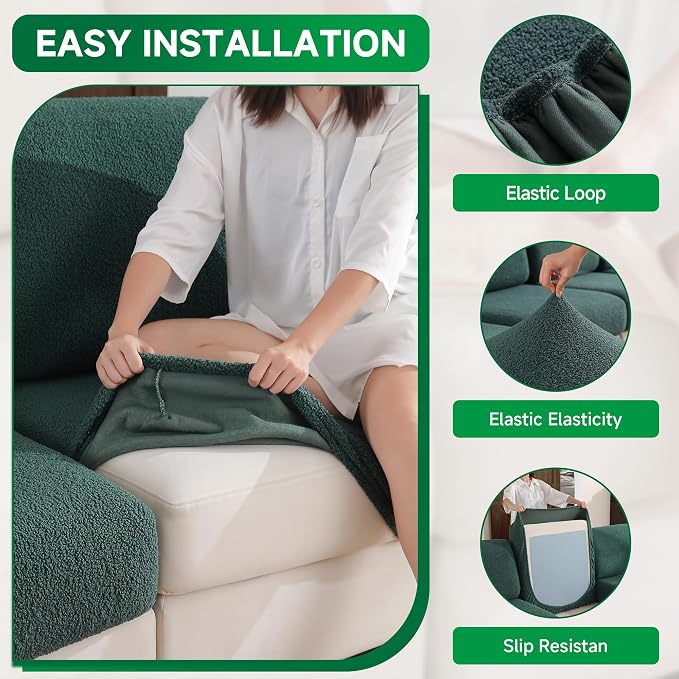 OHSIO Couch Cushion Covers for Sectional Sofa, Stretch Soft Sofa Slipcovers Washable Wear-Resistant Universal Furniture Protector for Living Room(1 Piece Loveseat Cover, Green)