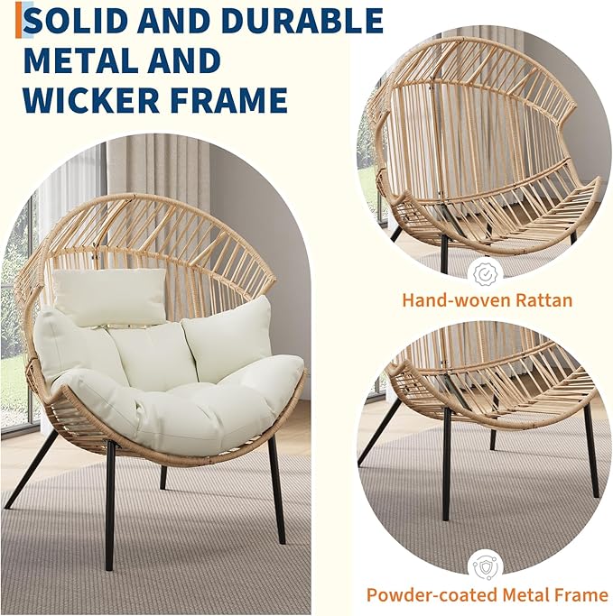 Garvee Outdoor Wicker Egg Chair with Extra-Soft Pillow and Thick Cushion | Oversized Ergonomic Rattan Lounge Rocker for Outdoor & Indoor, Living Room, Backyard & Garden – Cream Cushion, Wicker Frame