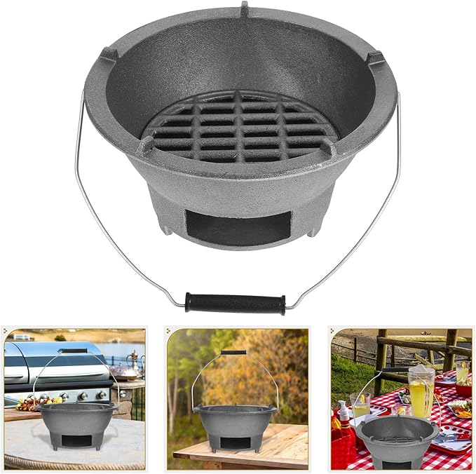 BESPORTBLE Cast Iron Charcoal Grill Stove Large Portable Barbecue Charcoal Burner with Handle and Inner Grate for Outdoor Camping Backyard Bbq Cooking