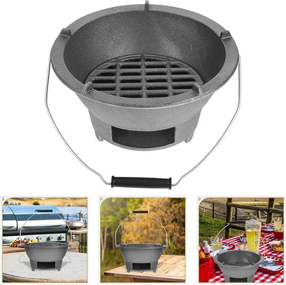 BESPORTBLE Cast Iron Charcoal Grill Stove Large Portable Barbecue Charcoal Burner with Handle and Inner Grate for Outdoor Camping Backyard Bbq Cooking