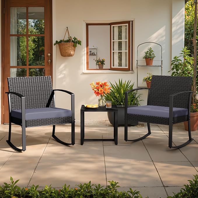 Greesum 3 Pieces Outdoor Furniture Set Patio Bistro Rocking Chairs with Glass Coffee Table for Pool Beach Backyard Balcony Porch Deck Garden, Gray