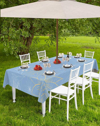 QueenKer Outdoor Tablecloth with Umbrella Hole, Minimalist Lines Leaves Flowers Blue Rectangle Tables Waterproof Tabletop Collection for Patio, Garden, Picnic, Camping, Dining 54 x 80 inch