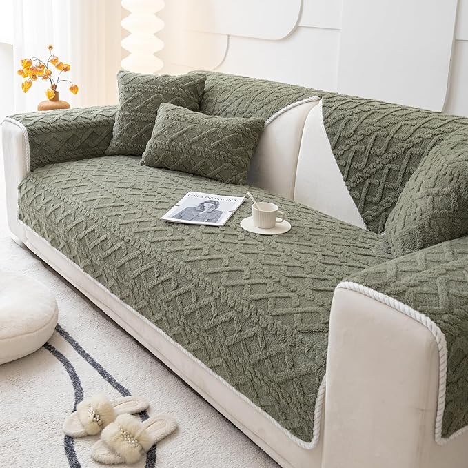 vctops Geometric Jacquard Plush Sofa Couch Covers Farmhouse Neutral Non Slip Sectional Couch Cover Soft Warm Sofa Slipcover for Dogs, Children, Pets Furniture Protector (Army Green,36"x36")