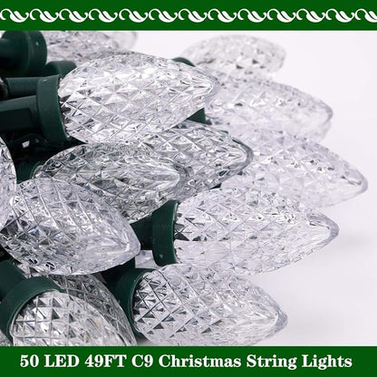 AWQ 50LED 49FT C9 Christmas String Lights Plug in Fairy Twinkle White | Christmas Lights Outdoor 8 Modes Timer Function Waterproof Extendable for Indoor Outdoor Wedding Party Christmas Decoration