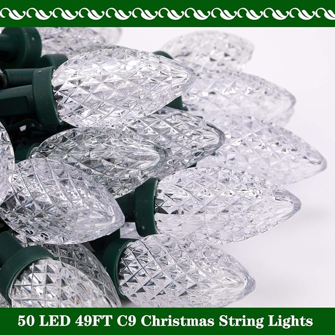 AWQ 50LED 49FT C9 Christmas String Lights Plug in Fairy Twinkle Warm White | Christmas Lights Outdoor 8 Modes Timer Function Waterproof Extendable for Indoor Outdoor Wedding Party Christmas Decoration
