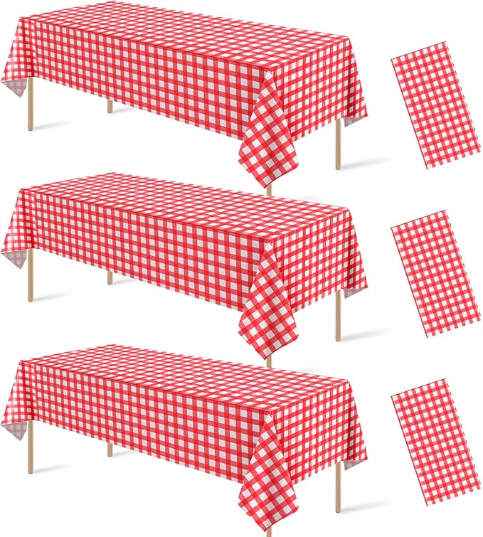 3 Pcs Red Gingham Tablecloths, Checkered Party Table Covers 54x108 Inch | Red and White Checkered Tablecloths, Disposable Plastic Waterproof for Hot Dog Party Picnic Camping Barbecue Birthday Party