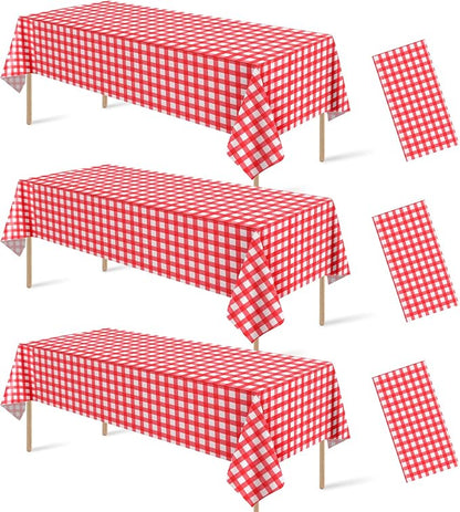 3 Pcs Red Gingham Tablecloths, Checkered Party Table Covers 54x108 Inch | Red and White Checkered Tablecloths, Disposable Plastic Waterproof for Hot Dog Party Picnic Camping Barbecue Birthday Party